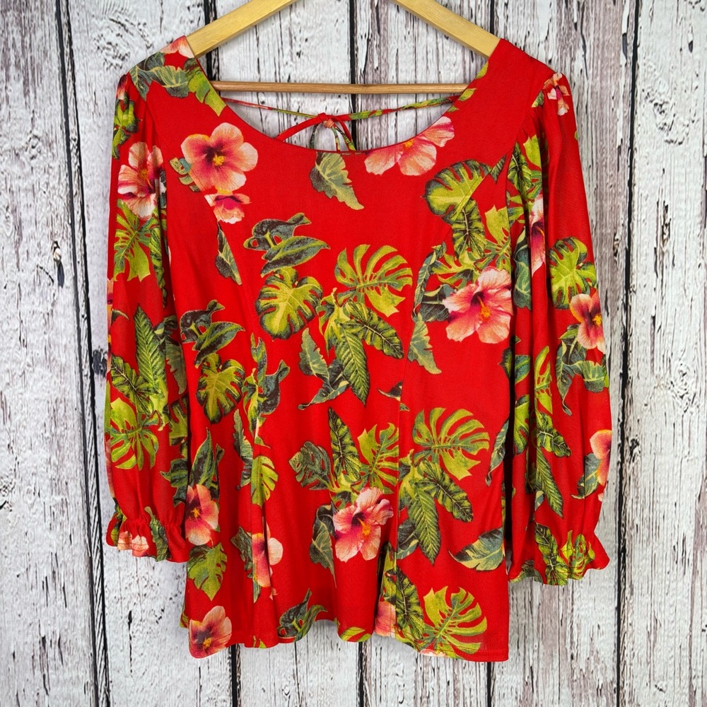 Ember Wide Neck Square Tie Back Blouse Coral Floral Lined Smocked Back XL *Flaw*